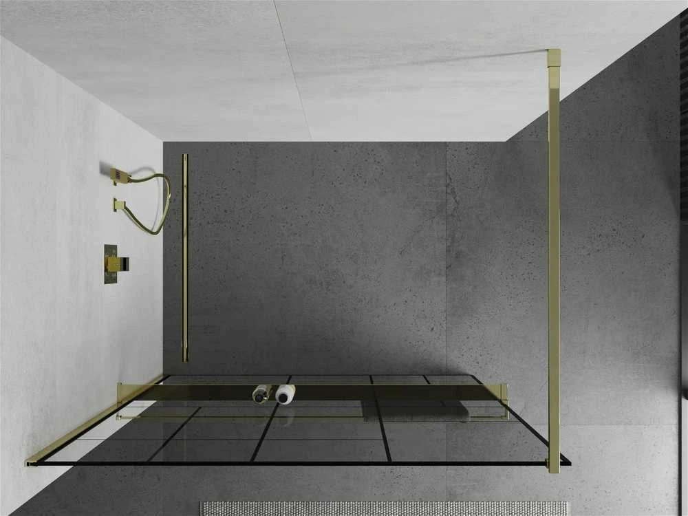 Walk-in dušo sienelė Mexen Kioto+ su lentynėle, Gold/Juodas raštas, 110 x 200 cm