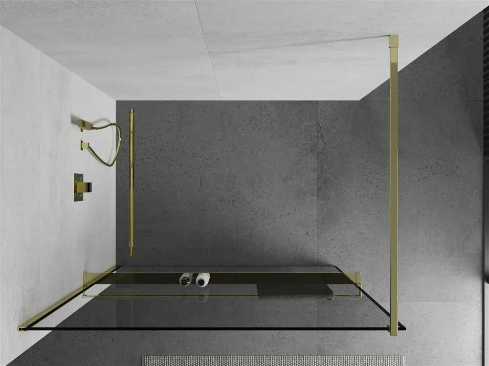 Walk-in dušo sienelė Mexen Kioto+ su lentynėle, Gold/juodas frame, 140 x 200 cm