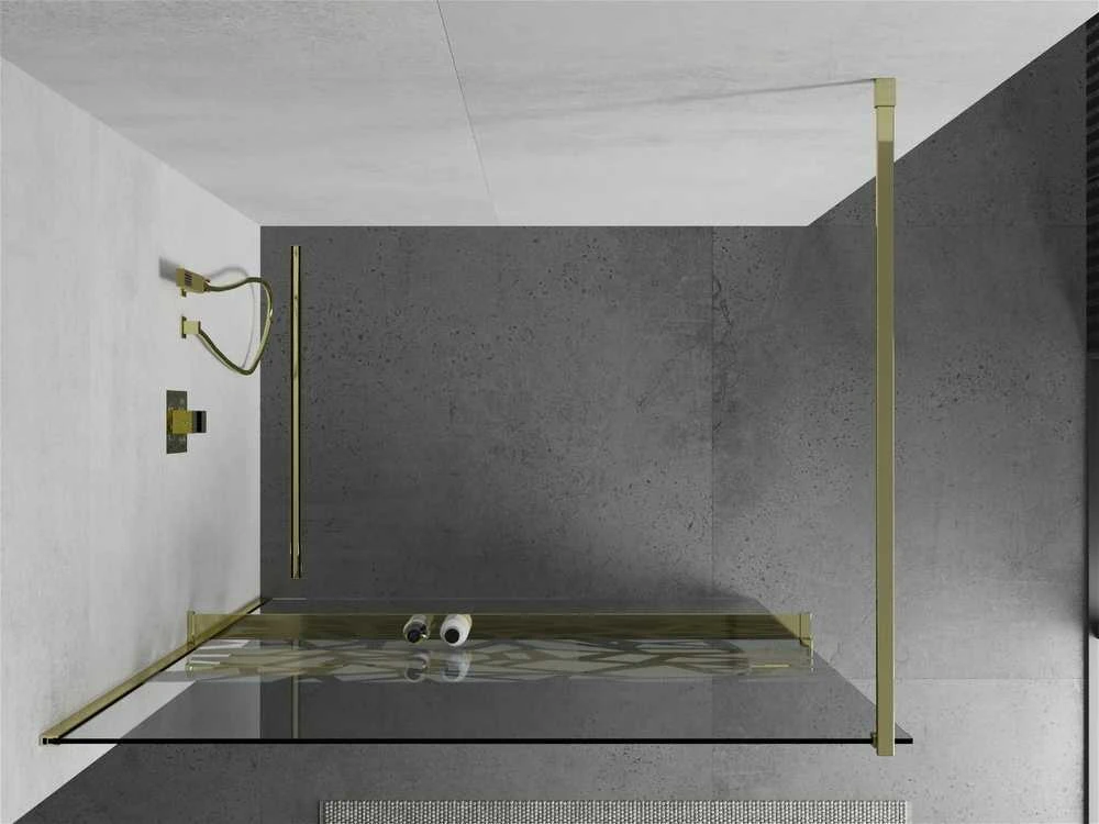 Walk-in dušo sienelė Mexen Kioto+ su lentynėle, Gold/Baltas raštas, 100 x 200 cm