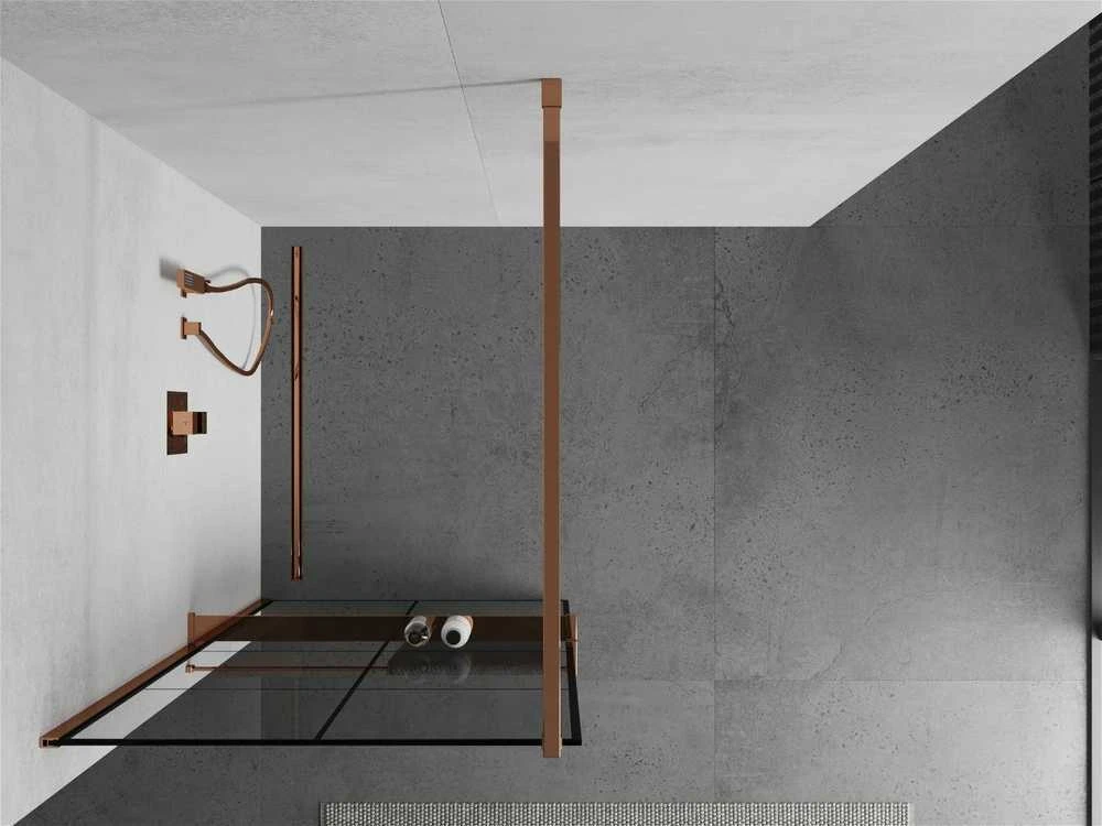 Walk-in dušo sienelė Mexen Kioto+ su lentynėle, Rose Gold/Juodas raštas, 130 x 200 cm