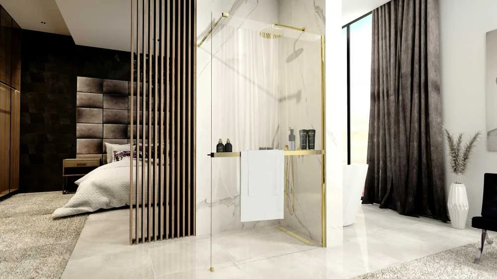 Walk-in dušo sienelė Rea Aero N Evo su lentynėle/kabykla, Gold, 110 cm