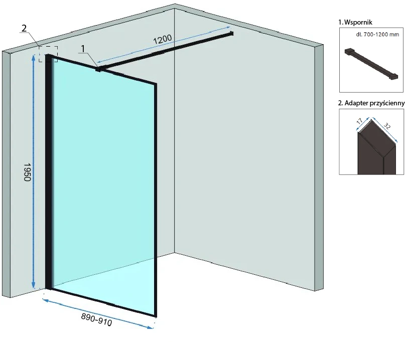 Walk-in dušo sienelė Rea Bler Evo su lentynėle/kabykla, Juodas, 90 cm