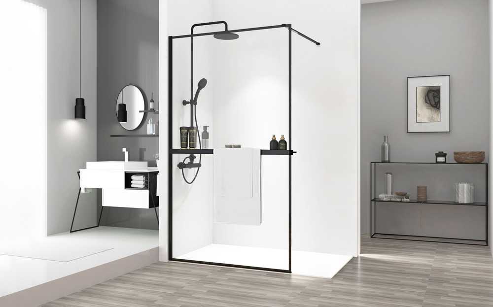 Walk-in dušo sienelė Rea Bler Evo su lentynėle/kabykla, Juodas, 80 cm