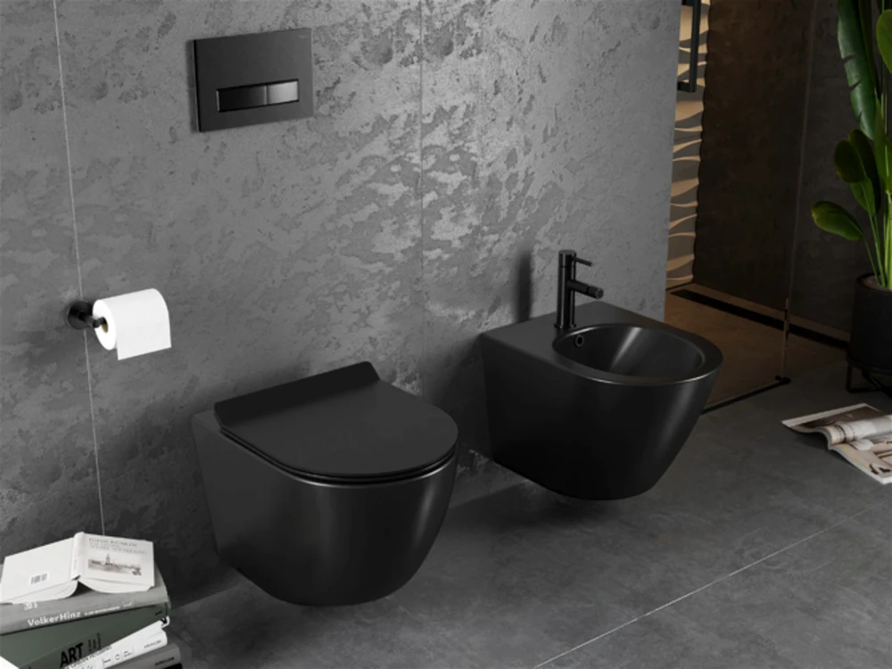 WC Komplektas Mexen 5in1 Fenix Slim su klozetu Lena Rimless Slim Duroplast+, Juodas Matt