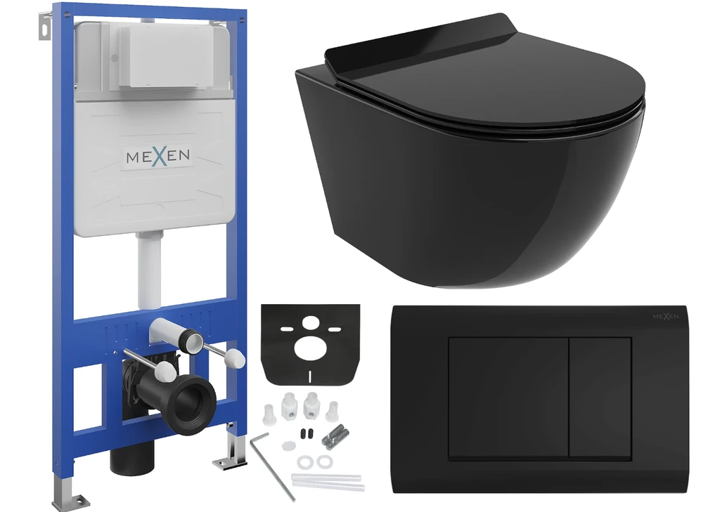 WC Komplektas Mexen 5in1 Fenix Slim su klozetu Lena Rimless Slim Duroplast+, Juodas