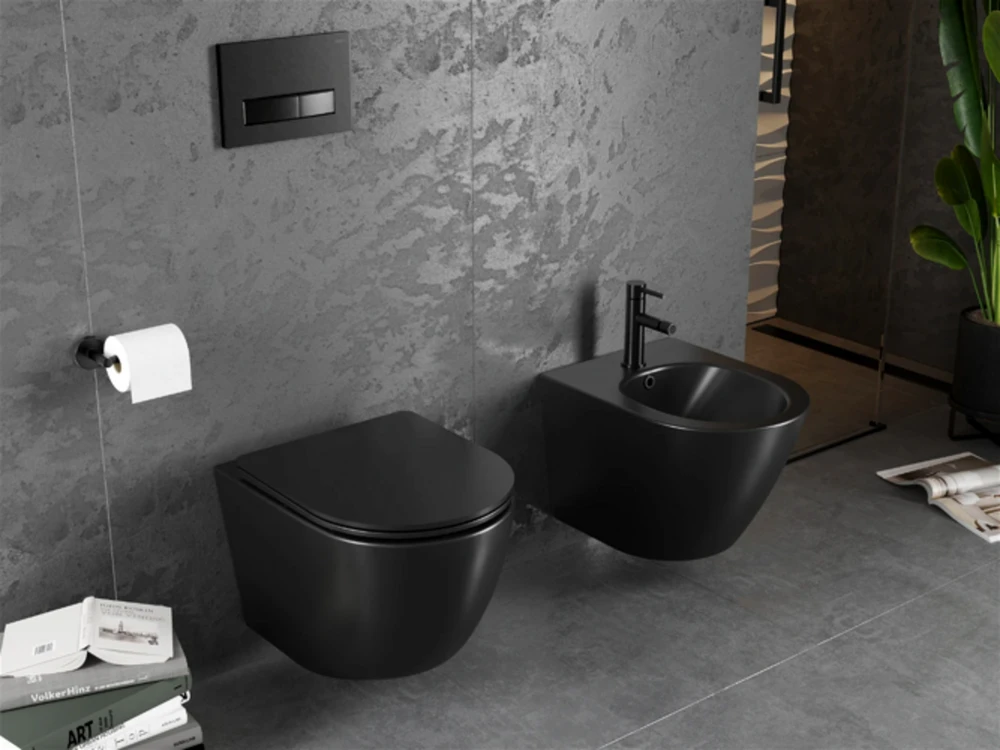 WC Komplektas Mexen 5in1 Fenix Slim su klozetu Lena Rimless Slim Duroplast, Juodas matt
