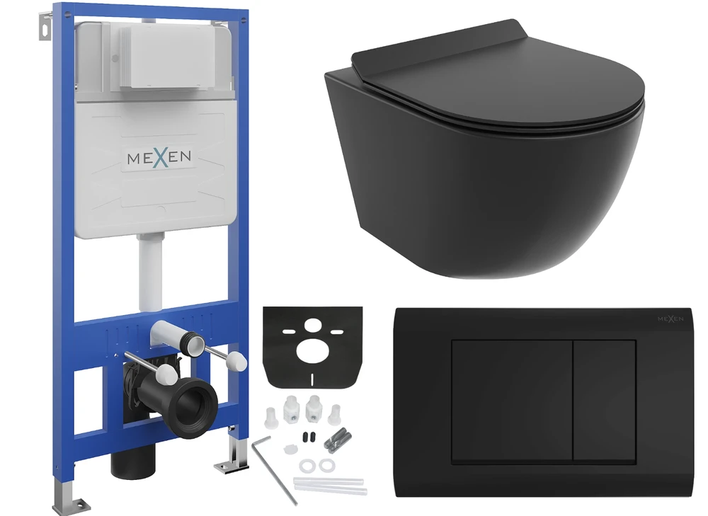 WC Komplektas Mexen 5in1 Fenix Slim su klozetu Lena Rimless Slim Duroplast+, Juodas Matt