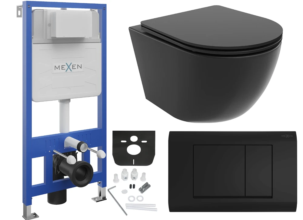 WC Komplektas Mexen 5in1 Fenix Slim su klozetu Lena Rimless Slim Duroplast, Juodas matt