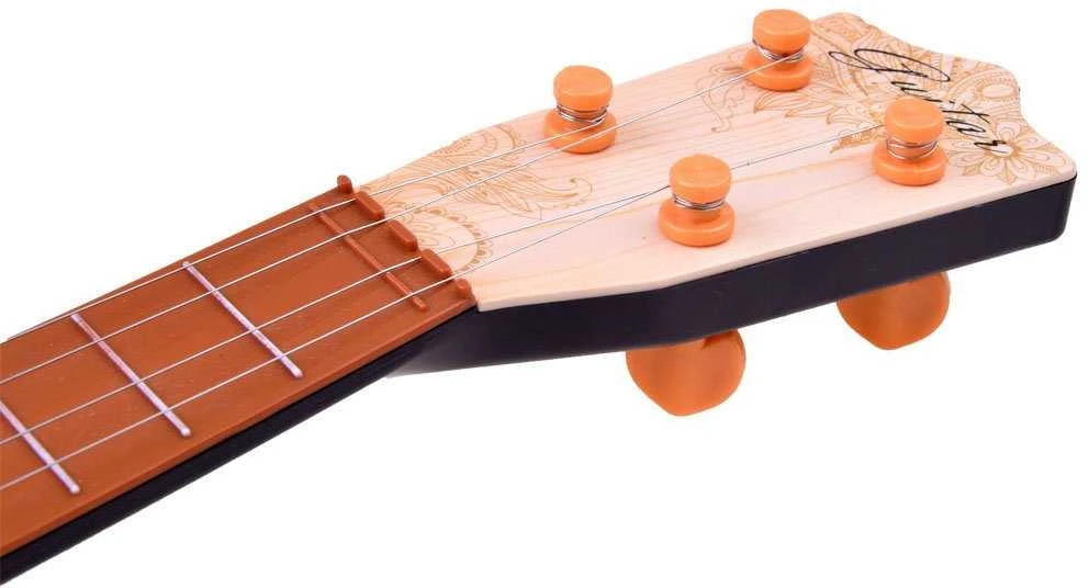 Žaislinė gitara su metalinėmis stygomis ir mediatoriumi, šviesi