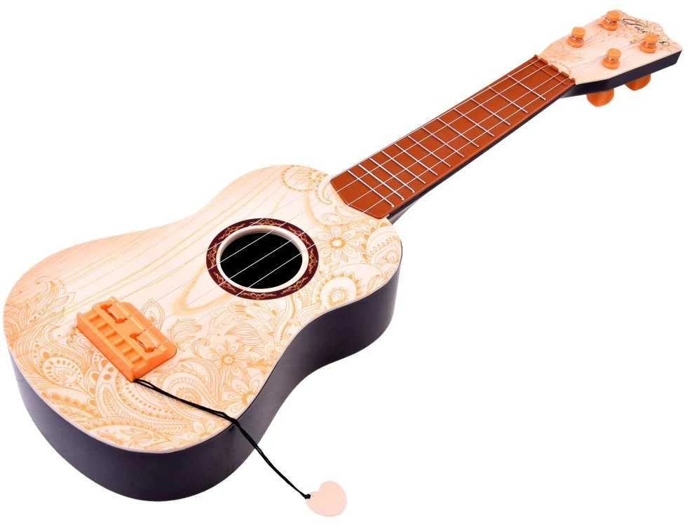 Žaislinė gitara su metalinėmis stygomis ir mediatoriumi, šviesi