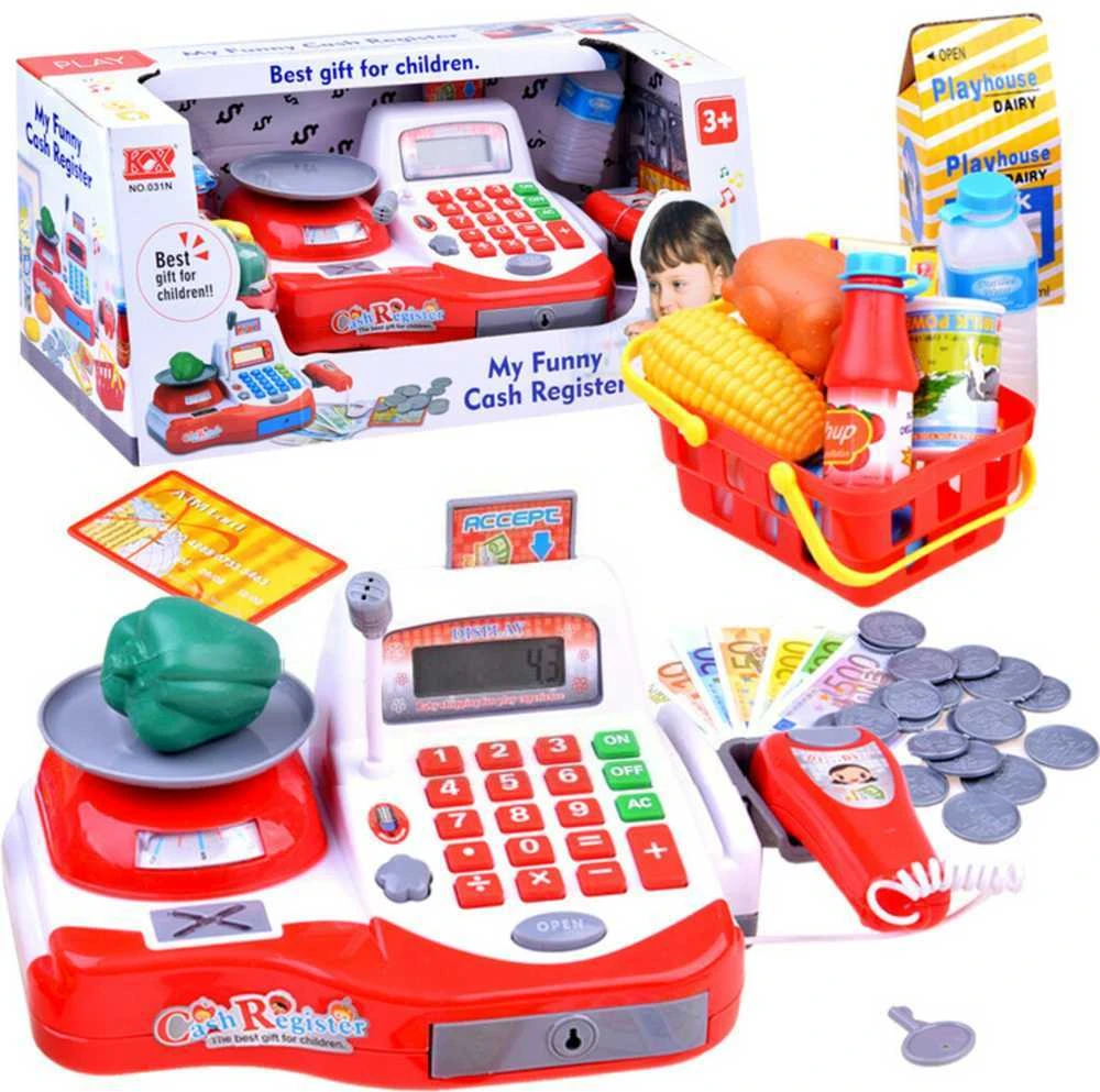 Žaislinė kasa su krepšeliu ir produktais