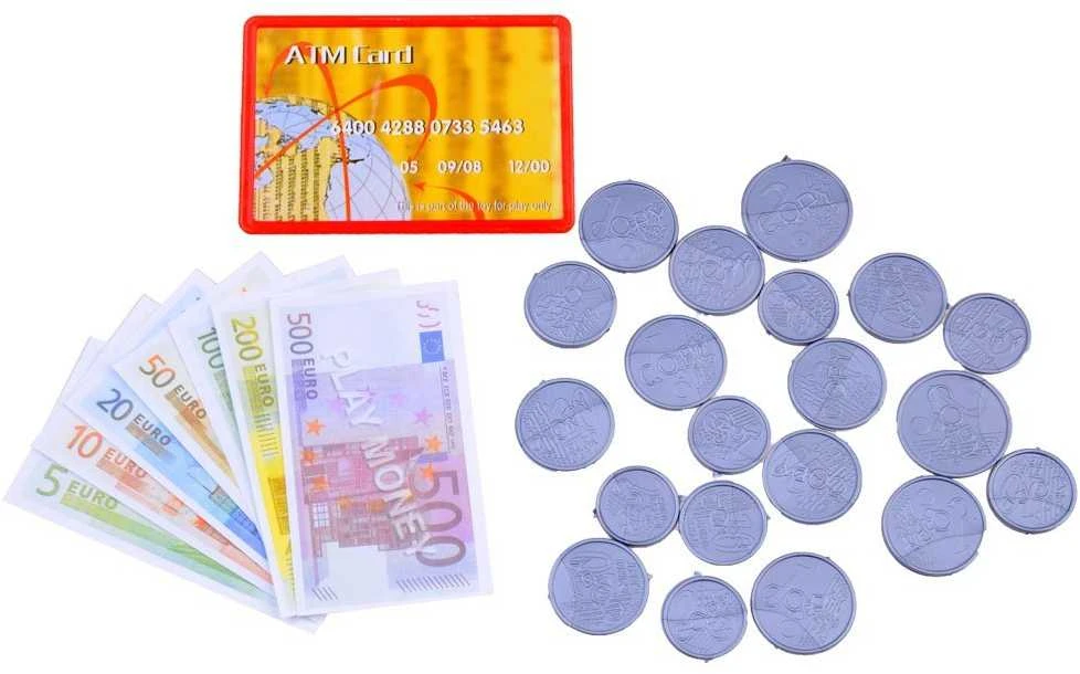 Žaislinė kasa su krepšeliu ir produktais