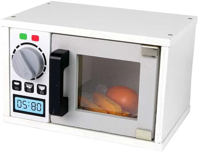 Žaislinė medinė mikrobangų krosnelė su maisto produktais, balta