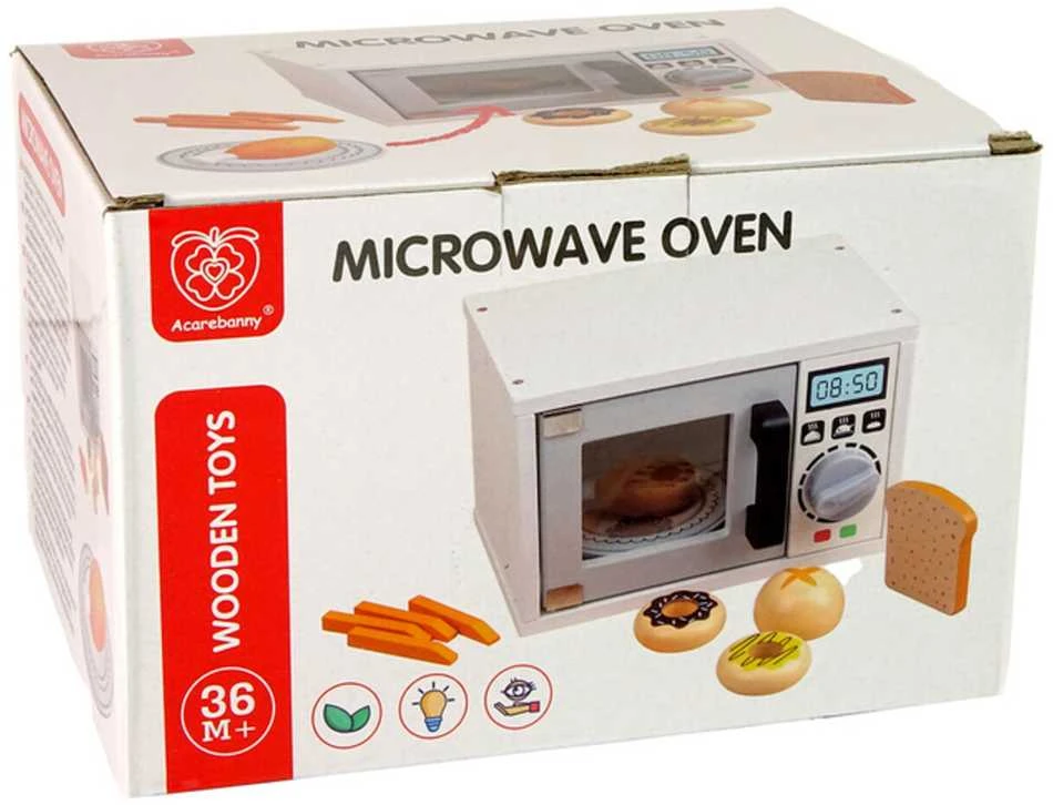 Žaislinė medinė mikrobangų krosnelė su maisto produktais, balta