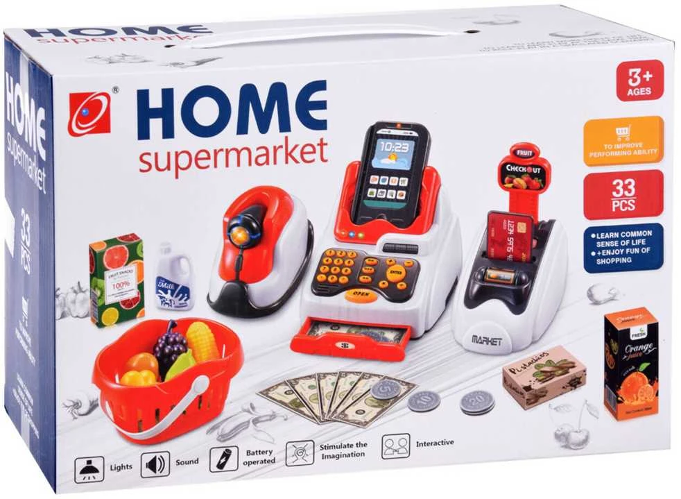 Žaislinė parduotuvės kasa su krepšeliu ir produktais Mini Market