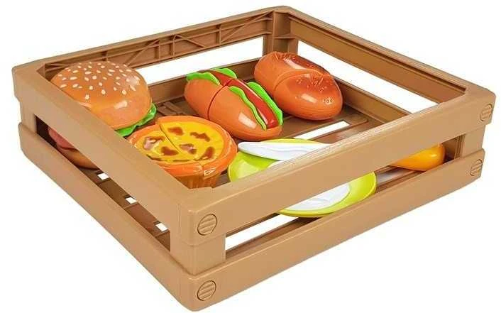 Žaisliniai maisto produktai su lipdukais dėžėje, burgeris