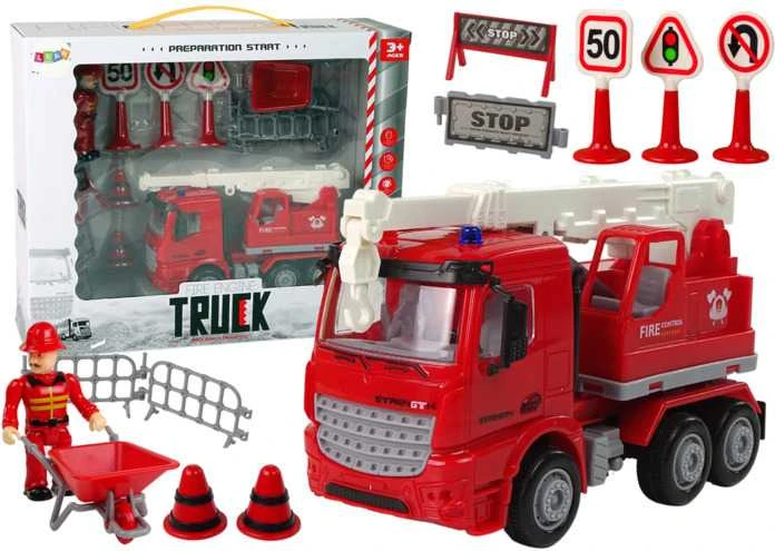 Žaislinis gaisrinės automobilis su kelio ženklais