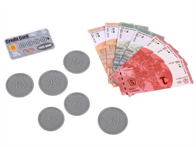 Žaislinis kasos aparatas su krepšeliu ir svarstyklėmis