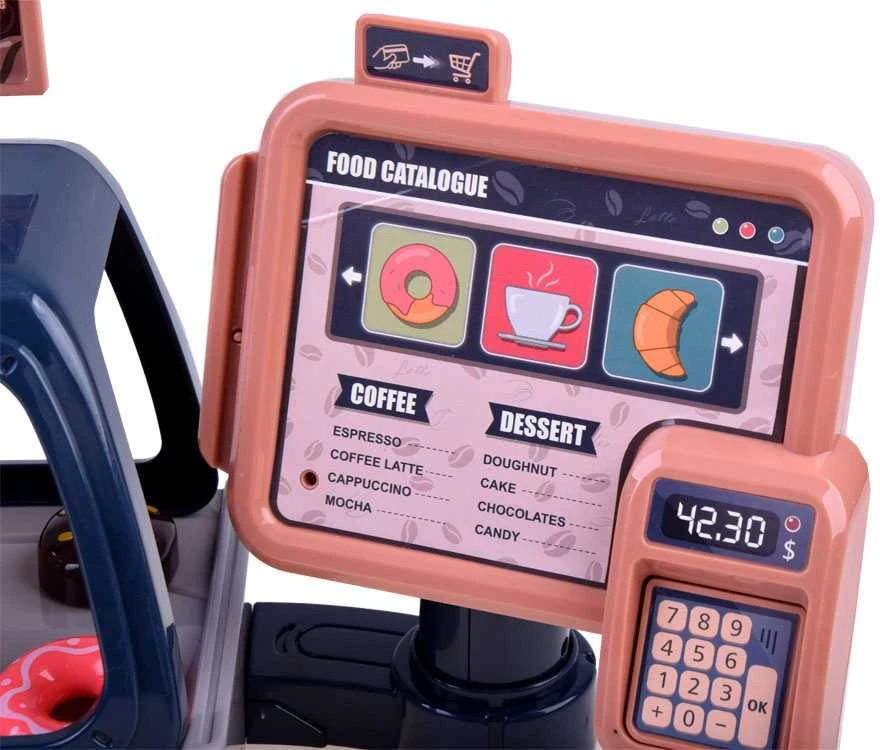 Žaislinis kavos aparatas su kasos aparatu ir vitrina