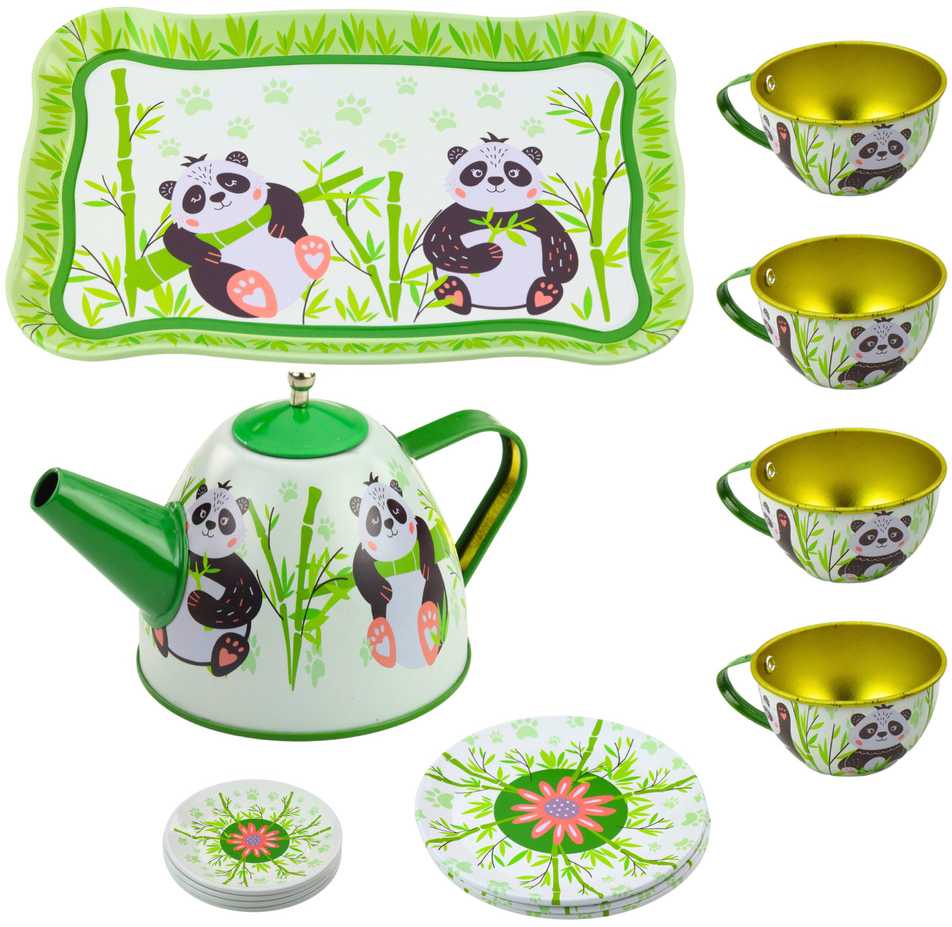 Žaislinis metalinis arbatos servizas Panda, žalias, 14 d.