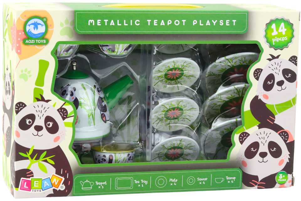 Žaislinis metalinis arbatos servizas Panda, žalias, 14 d.