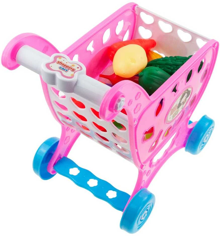 Žaislinis parduotuvės vežimėlis su maisto produktais