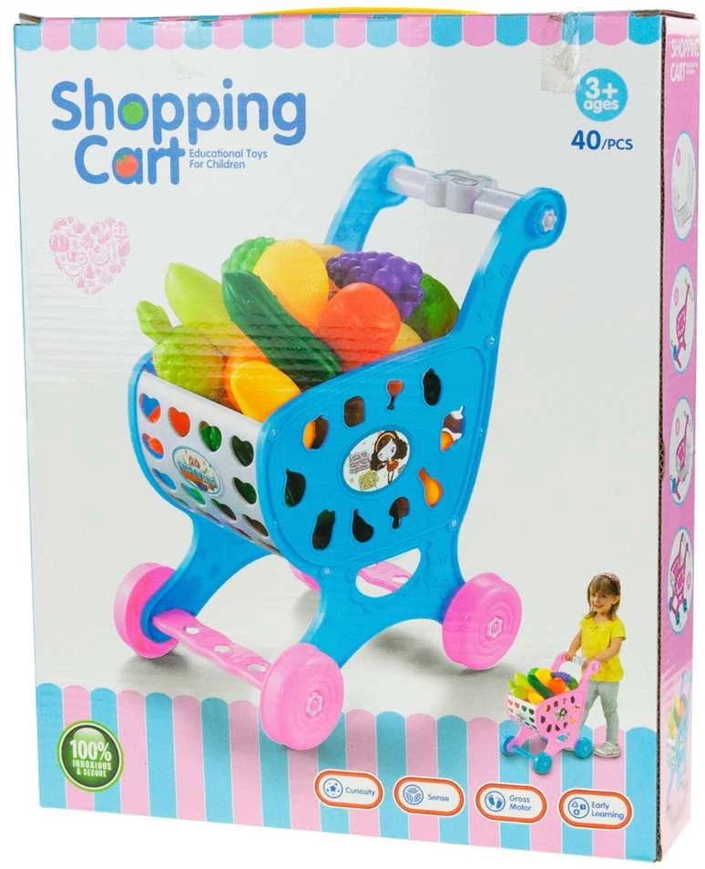 Žaislinis parduotuvės vežimėlis su maisto produktais