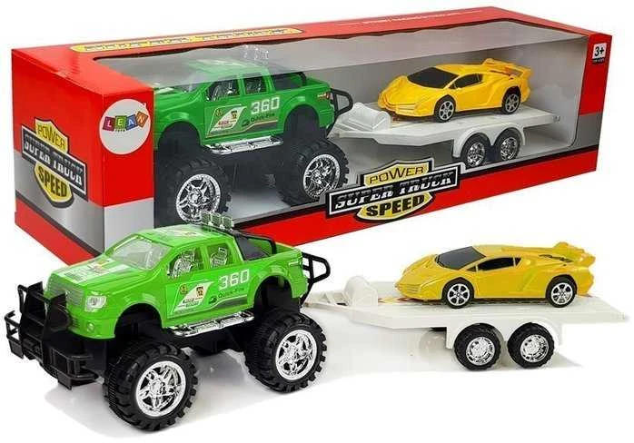 Žaislinis visureigis su sportiniu automobiliu, žalias/geltonas