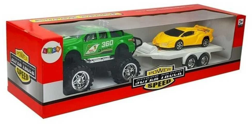 Žaislinis visureigis su sportiniu automobiliu, žalias/geltonas