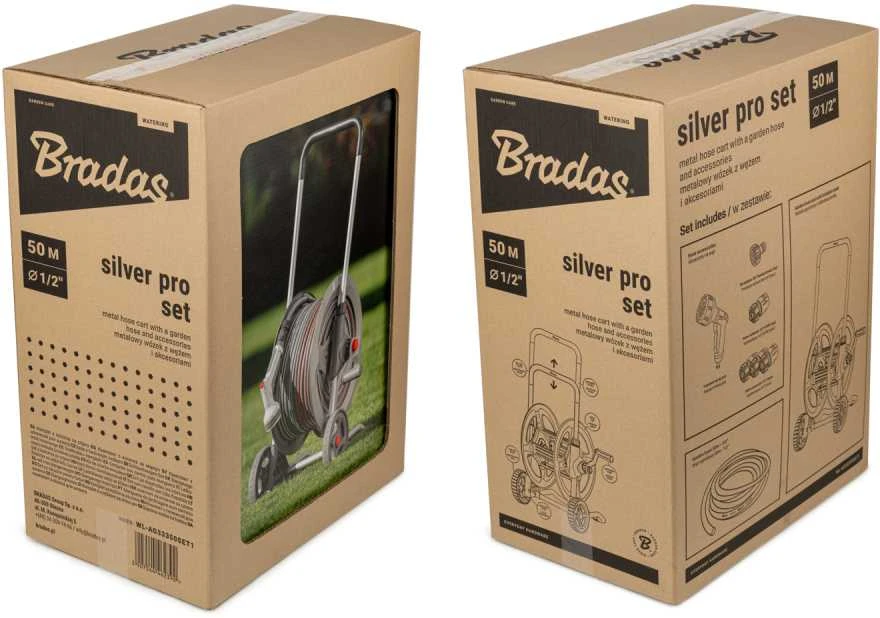 Žarnos vežimėlis su žarna ir priedais Bradas Baltas LINE Sidabrinis PRO SET, 1/2 50m