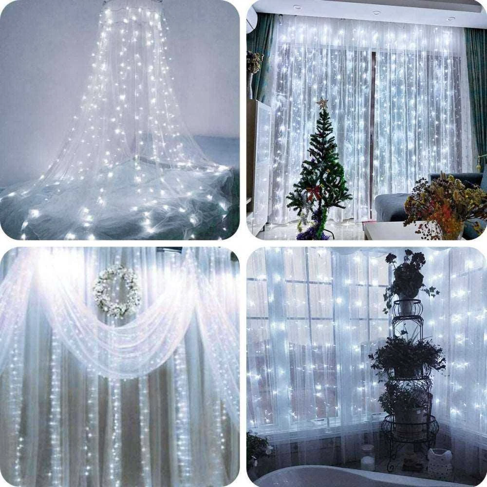 300 LED girlianda užuolaida 3x3 su pulteliu ir tvirtinimo kabliukais - šaltos spalvos