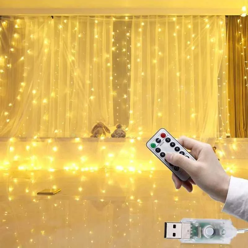 300 LED girlianda užuolaida 3x3 su pulteliu ir tvirtinimo kabliukais - šiltos spalvos