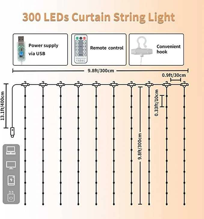 Roger 300 LED girlianda užuolaida 3x3 su pulteliu ir tvirtinimo kabliukais - multicolor