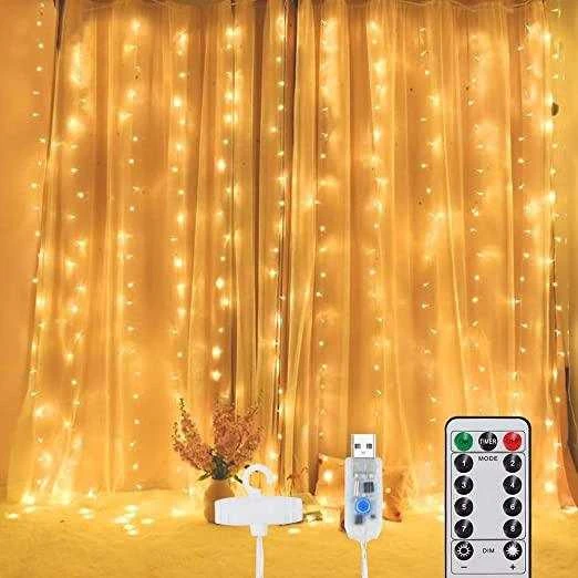 300 LED girlianda užuolaida 3x3 su pulteliu ir tvirtinimo kabliukais - šiltos spalvos