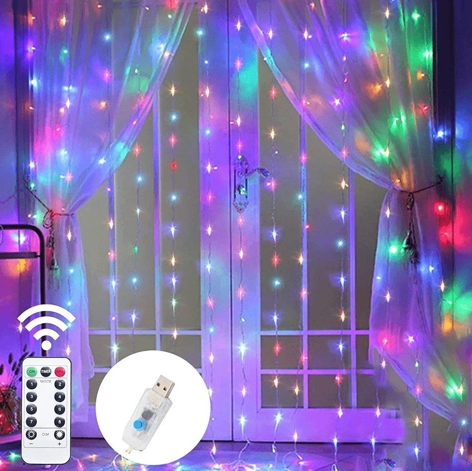 Roger 300 LED girlianda užuolaida 3x3 su pulteliu ir tvirtinimo kabliukais - multicolor