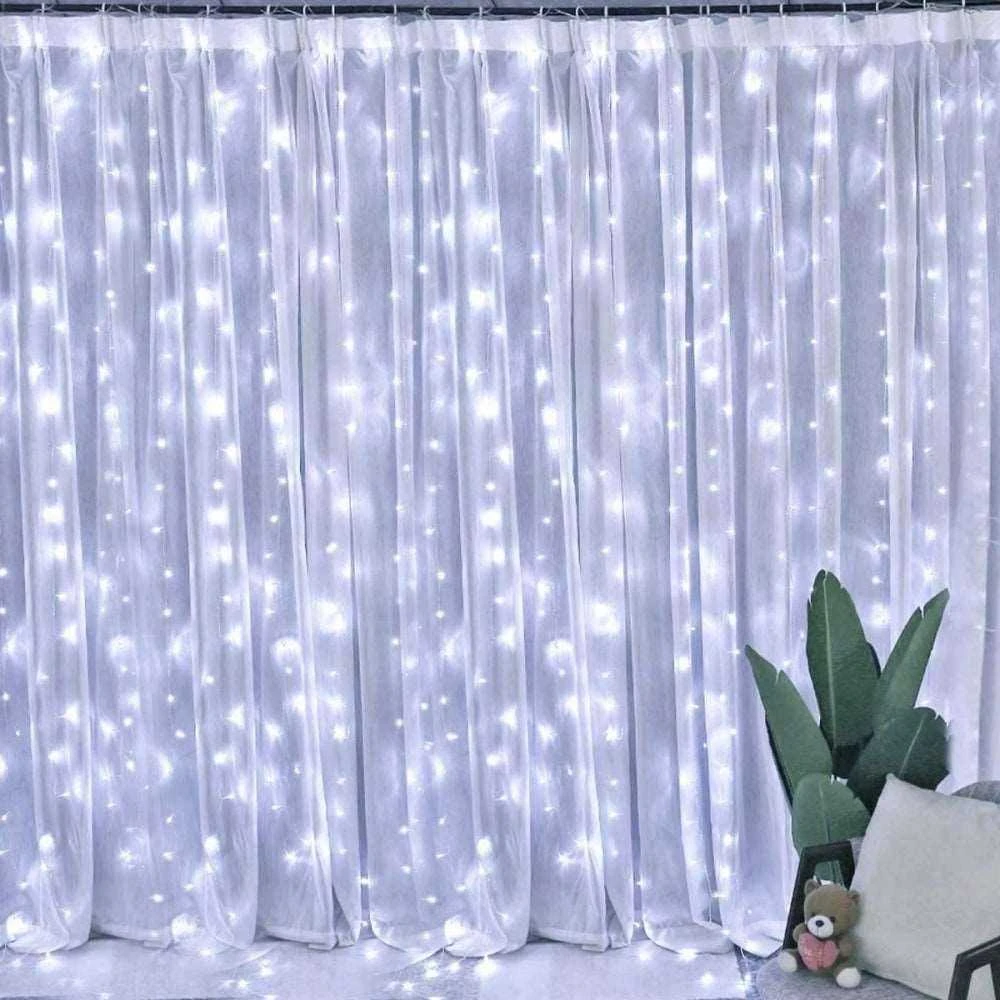 300 LED girlianda užuolaida 3x3 su pulteliu ir tvirtinimo kabliukais - šaltos spalvos