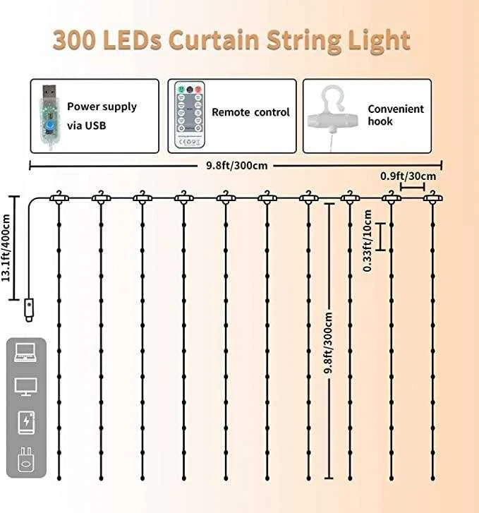 300 LED girlianda užuolaida 3x3 su pulteliu ir tvirtinimo kabliukais - šaltos spalvos