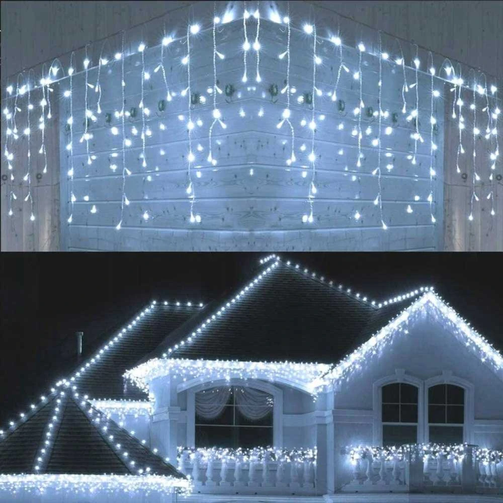 Blue Kalėdinė girlianda - varvekliai 12 m, ŠALTAI BALTA. 300 LED su Mėlynas FLASH funkcija