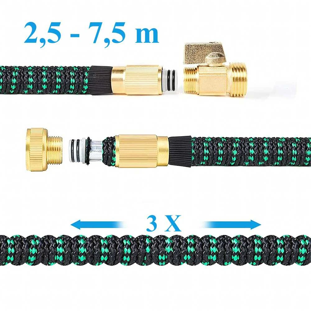 Išsitempianti sodo žarna 2,5–7,5 m, jungtys 1/2 ir 3/4, laistymo pistoletas, premium kokybė