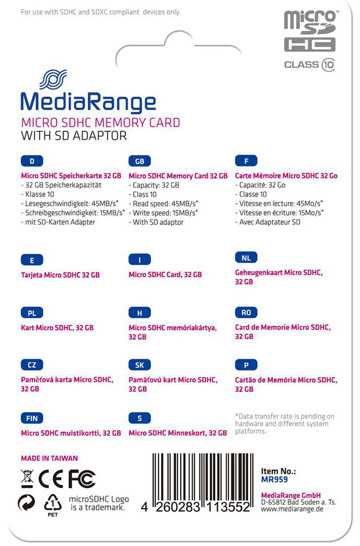 Atminties kortelė Karta MediaRange Micro SDHC 32 GB Class 10 UHS-I (MR959)