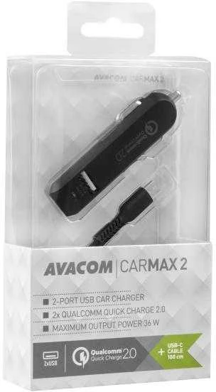 AVACOM CARMAX 2 AUTOMOBILINIS KROVIMAS 2X QUALCOMM QUICK CHARGE 2.0, Juodas (USB-C KABELIS)