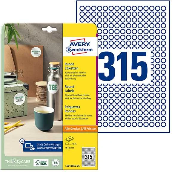 „Avery Zweckform“ ETIKETĖ ZF L6019 DIA.10 MM RATULIAI, 25 LAPAI ETIKETĖ - L6019-25