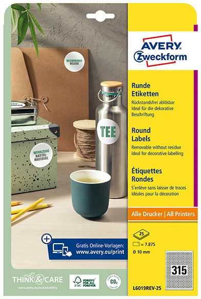 „Avery Zweckform“ ETIKETĖ ZF L6019 DIA.10 MM RATULIAI, 25 LAPAI ETIKETĖ - L6019-25