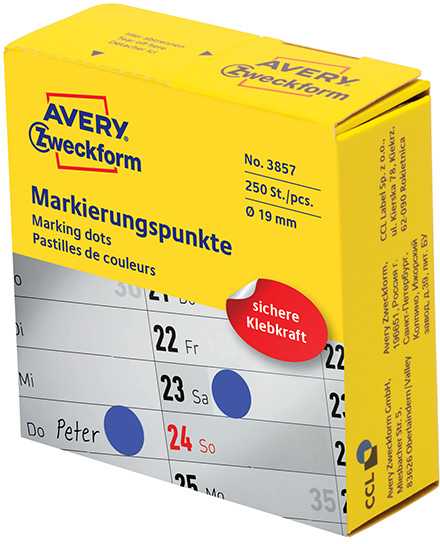 Avery Zweckform Kółka do zaznaczania w dyspenserze , 250 vnt./rolka, O19 mm, mėlyna, Mėlynas