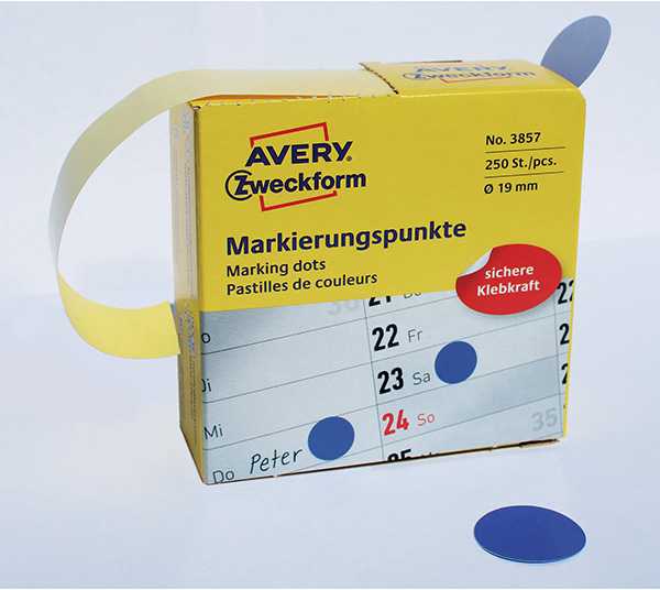 Avery Zweckform Kółka do zaznaczania w dyspenserze , 250 vnt./rolka, O19 mm, mėlyna, Mėlynas