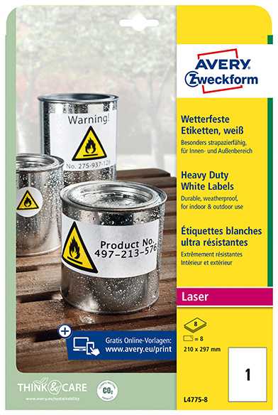 „Avery Zweckform“ ETIKETĖS ZF L4775-8 210X297 MM ATSPIRUS VANDENIUI, 8 LAPAI
