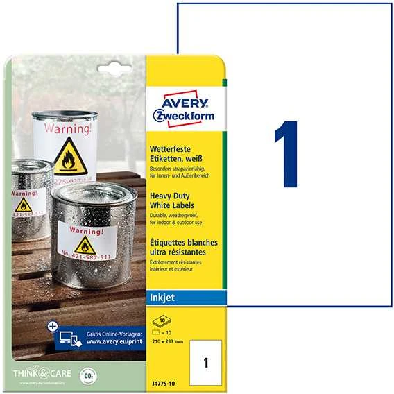 Avery Heavy Duty vandeniui atsparios etiketės, 210 x 297 mm, balta, spausdintuvui, 10 vnt
