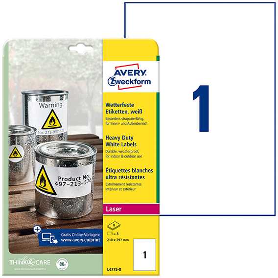 „Avery Zweckform“ ETIKETĖS ZF L4775-8 210X297 MM ATSPIRUS VANDENIUI, 8 LAPAI