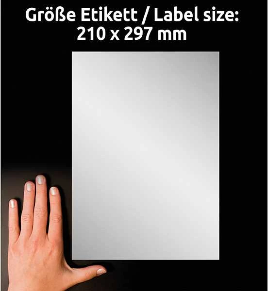 Lipnios etiketės Avery Zweckform, A4, atsparios drėgmei, 210x297mm, 1 etiketė lape, 20 lapų, sidabrinės spalvos