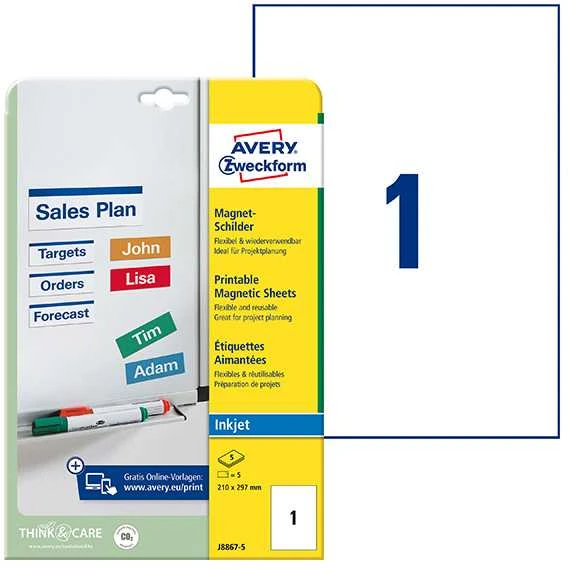 Staples Kabės AVERY Magnetinės lipnios etiketės 210x297mm, 5 lapai